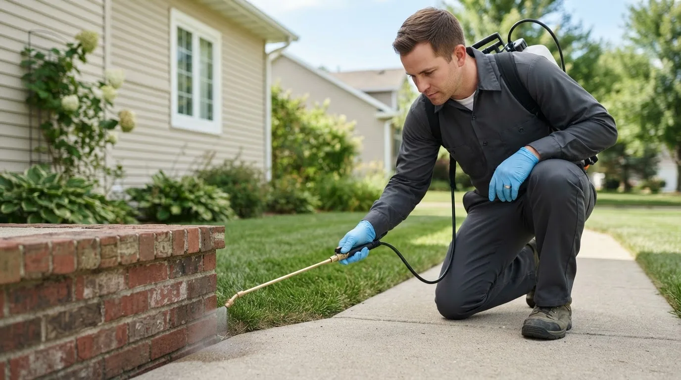 Pest control technician treating a home near Swayzee, IN