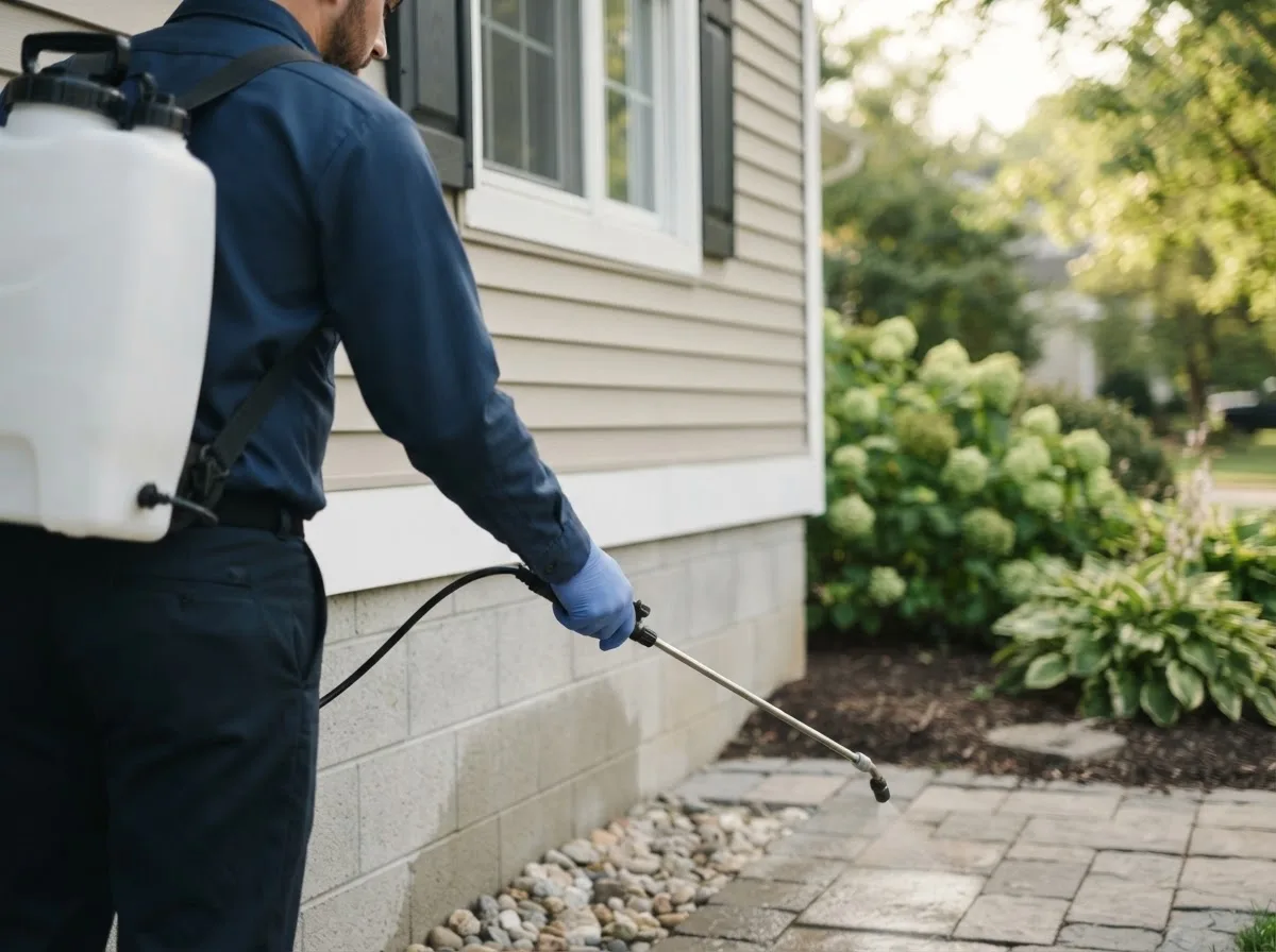 Pest control technician inspecting a home in Swayzee, IN